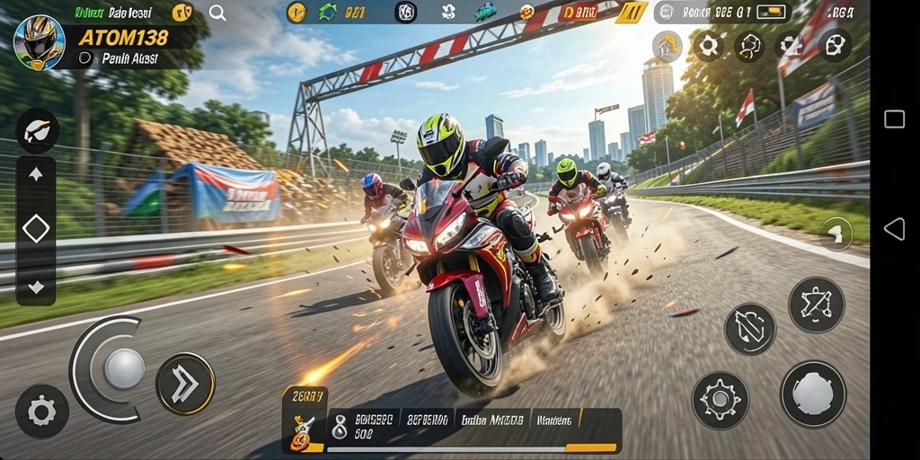 Gameplay menegangkan di ATOM138 dengan balapan motor penuh aksi.