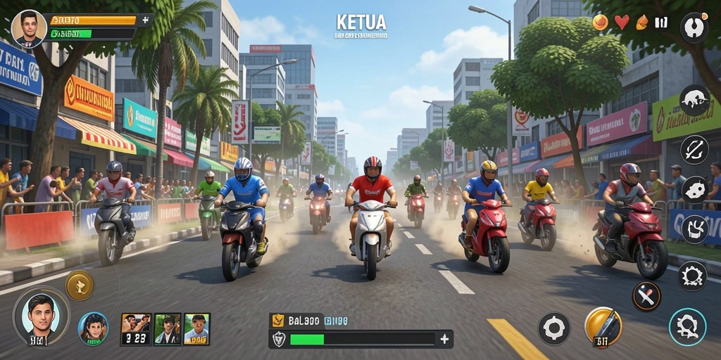 Tampilan screenshot utama KETUA menampilkan balapan mendebarkan di lintasan berbukit.