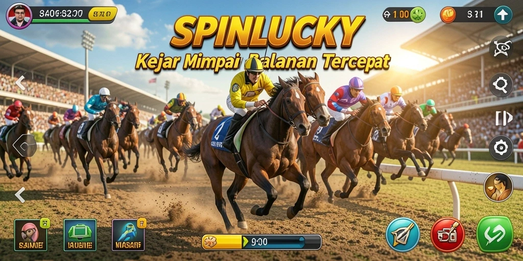 Tampilan gameplay SPINLUCKY saat balapan yang memukau dengan kecepatan tinggi.